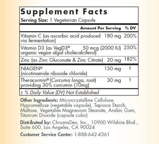 The Supplement Facts panel indicating a serving size of one vegetarian capsule, with 30 servings per container. Each serving provides 150mg of Niagen.